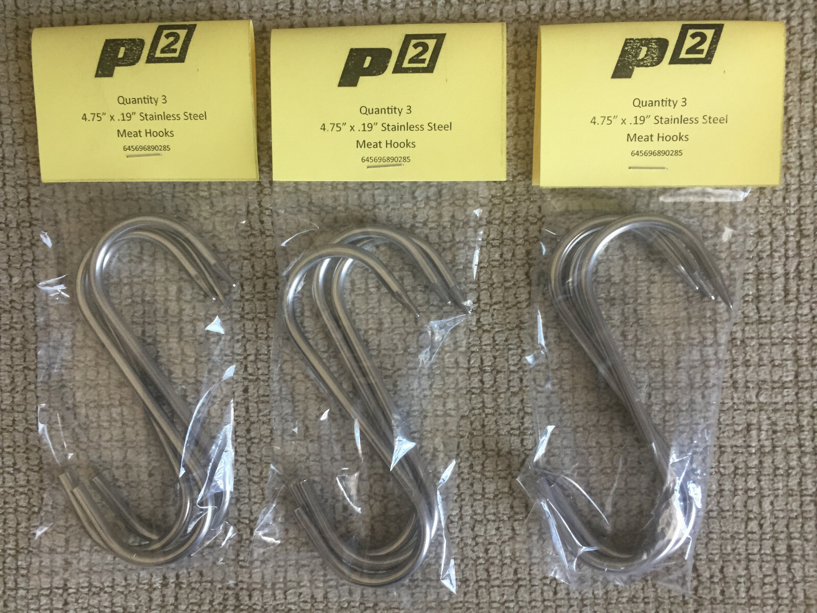 P-Squared P2 Small Hanging Meat Hook 3 Pack - Stainless Steel - Italian Made