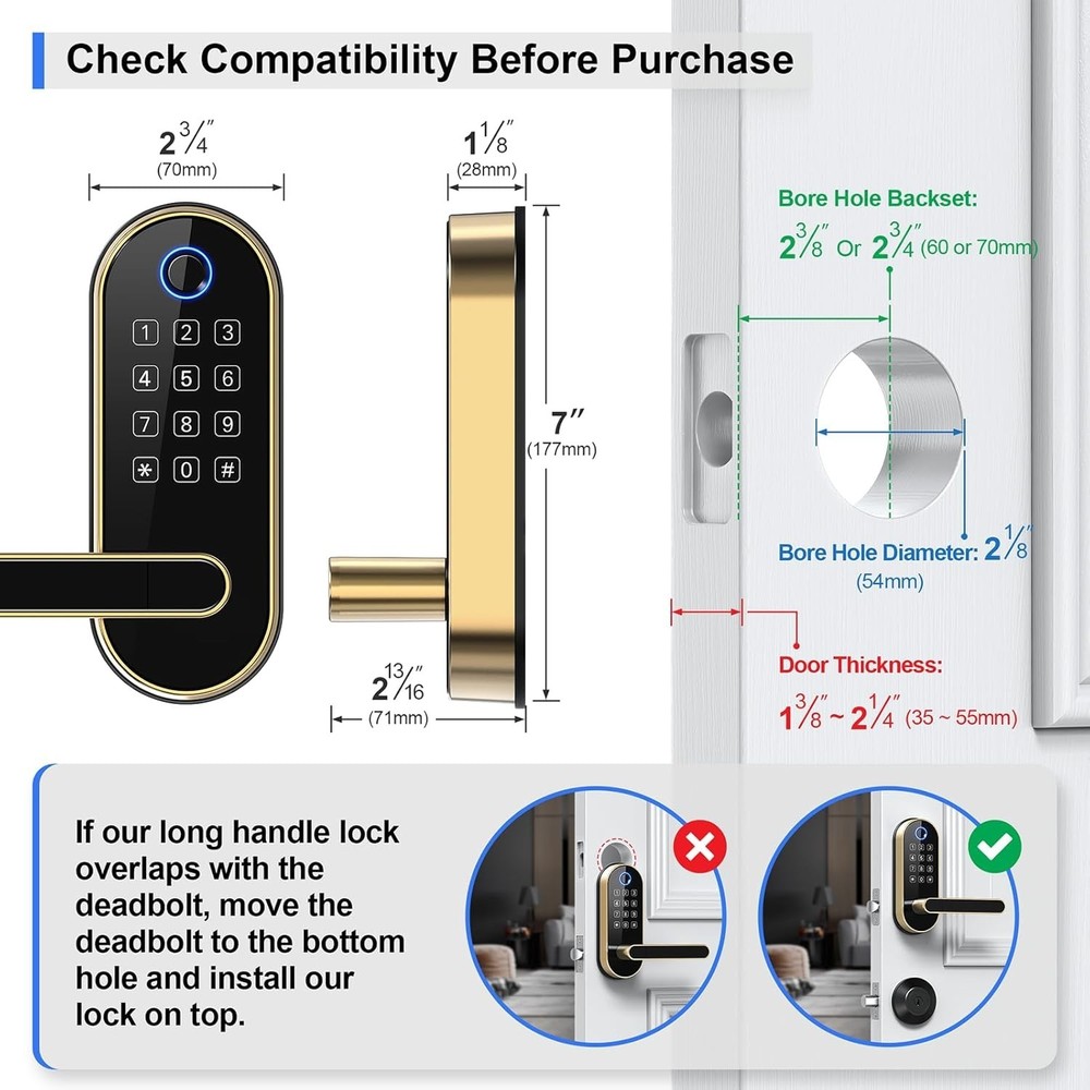 Keyless Entry Fingerprint Smart Lock with Handle & Keypad: Electronic/Electri...