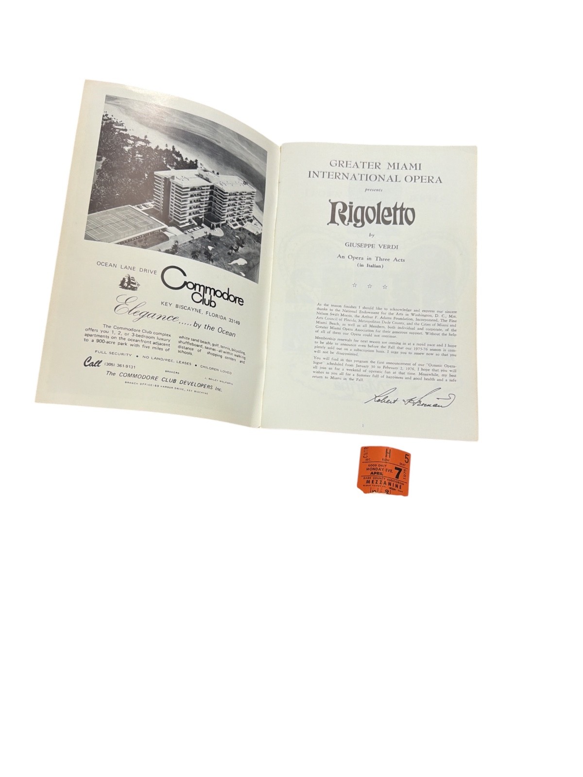 Vintage Rigoletto Opera Program 1975 Greater Miami Intl Opera w Ticket Stub