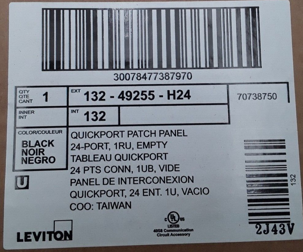 Leviton 49255-H24 Flat Quickport Patch Panel 24-Port 1RU Black