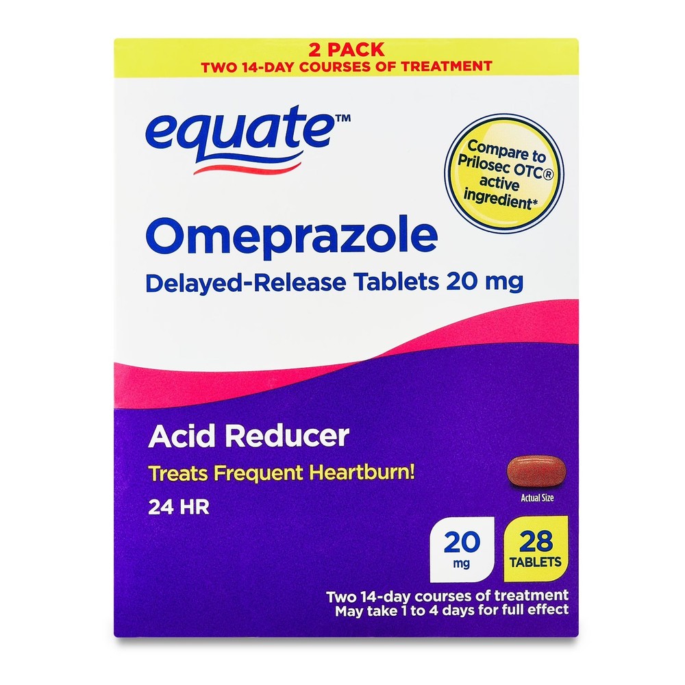 Equate Omeprazole Delayed-Release Acid Reducer Tablets, 20 mg, 28 Count - Pack 2