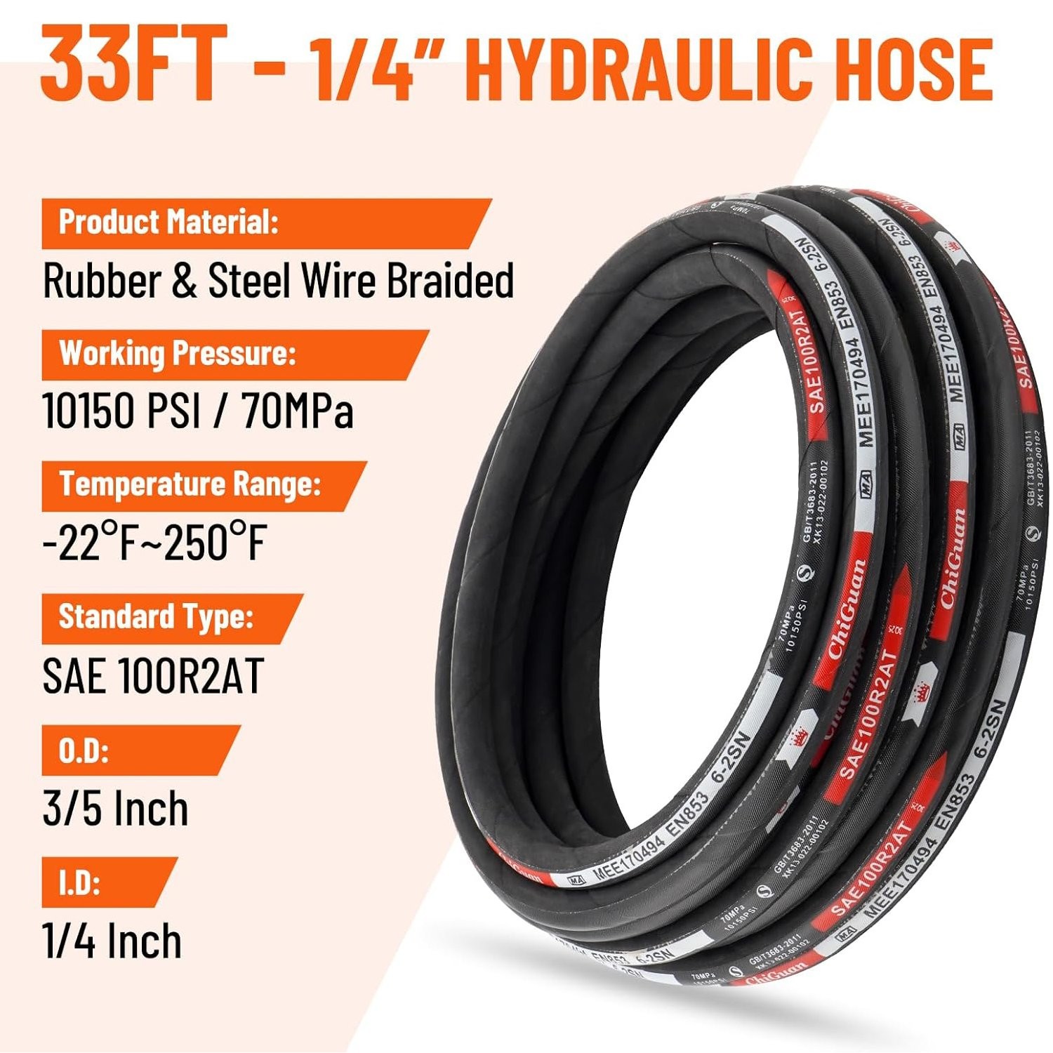 33FT 1/4" Hydraulic Hose w/ 16 Fittings (JIC Female & NPTF Male & JIC Female 90°