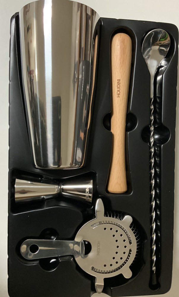 🧷 HOUDINI 5 pc BAR SET, DOUBLE JIGGER,COCTEL STRAINER, SILVER 🆕 as shown