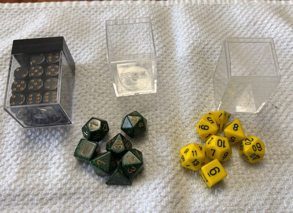 2 Polyhedral game dice sets, Green & Yellow + Black 35 Mini Dice