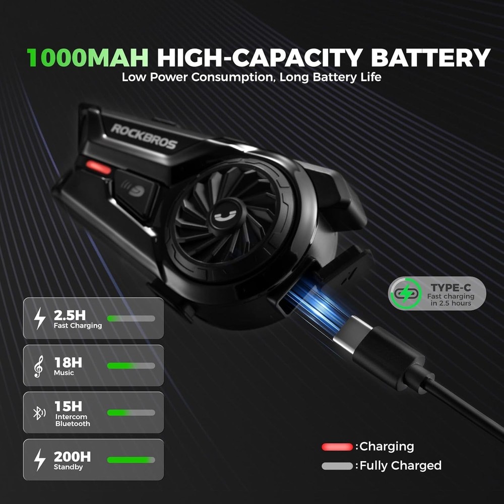 ROCKBROS Motorcycle Bluetooth Headset R1 Helmet Intercom Headset Waterproof 1 PC