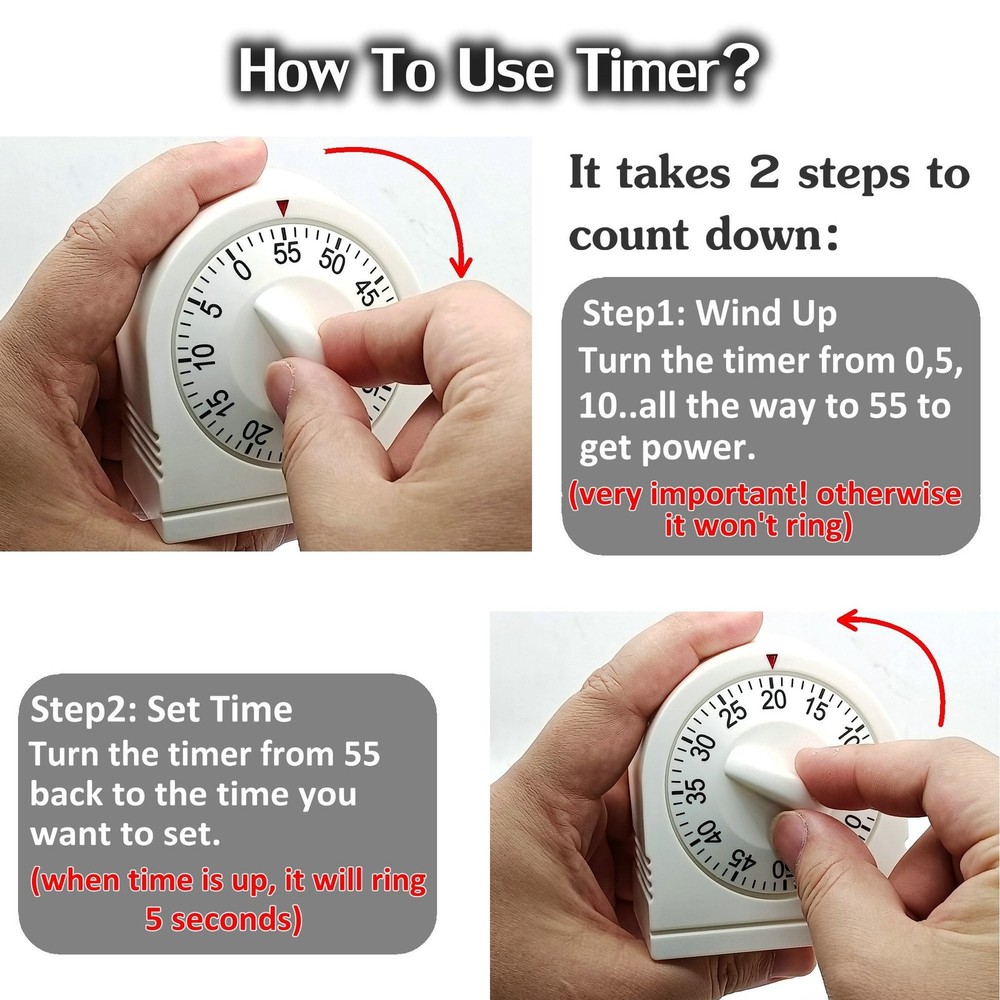 60 Minute Wind Up Timer Mechanical Visual Loud Alarm White Kitchen Study New USA