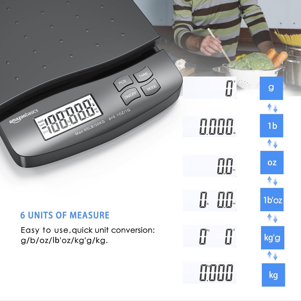 Digital Postal Shipping Scale with Tare Function, AC Adapter, 65 Lb Capacity, 0.