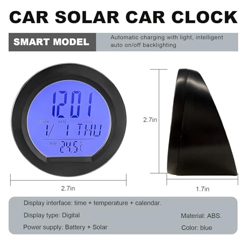 Car Digital Thermometer Clock, Solar Powered Dashboard Clock Solar Smart Clock