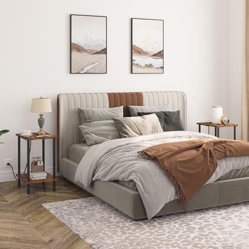 Side Table with Charging Station, Small End Table with 1 Rustic Brown + Black