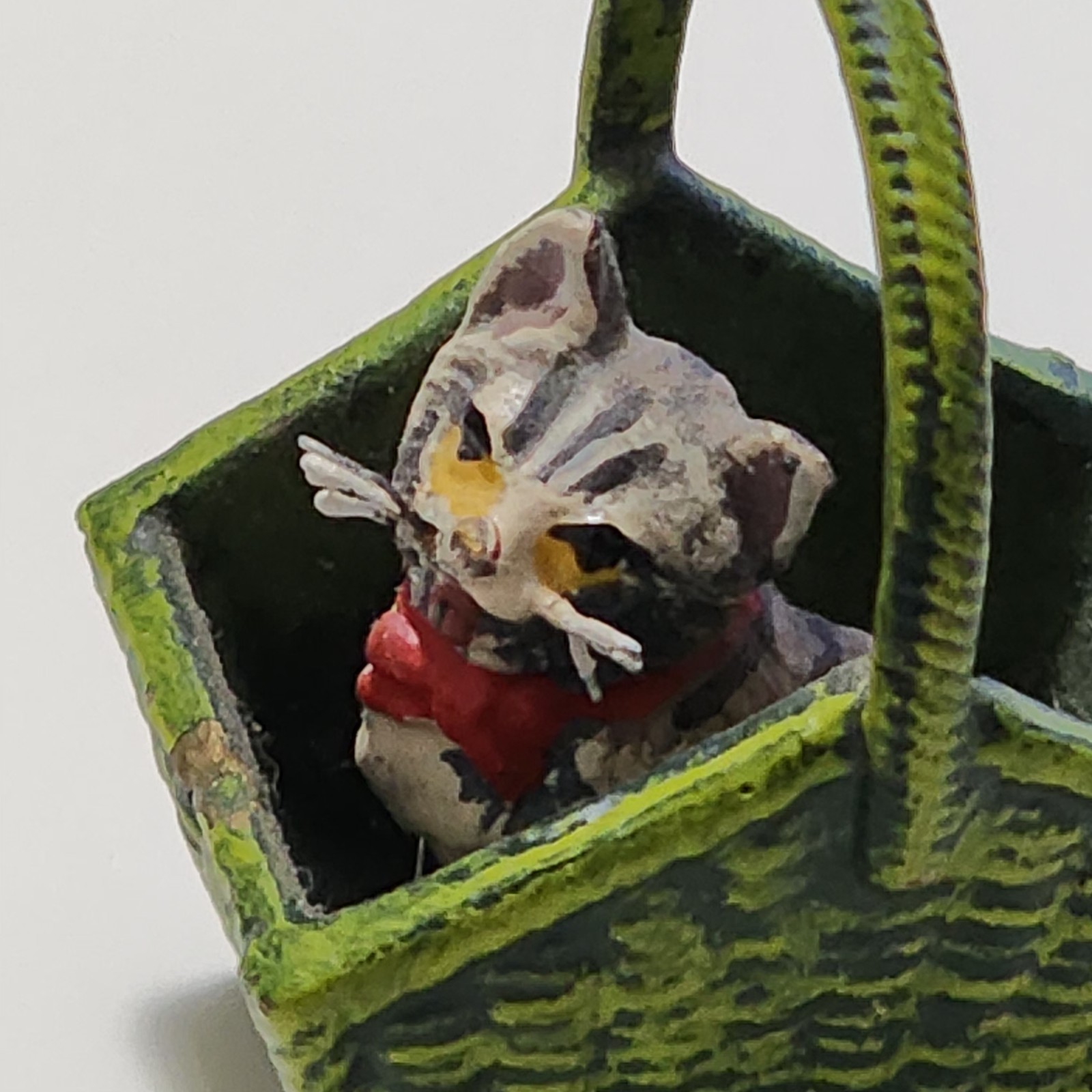 Bermann Vienna Bronze Cold Painted Kitten in Green Basket Figurine