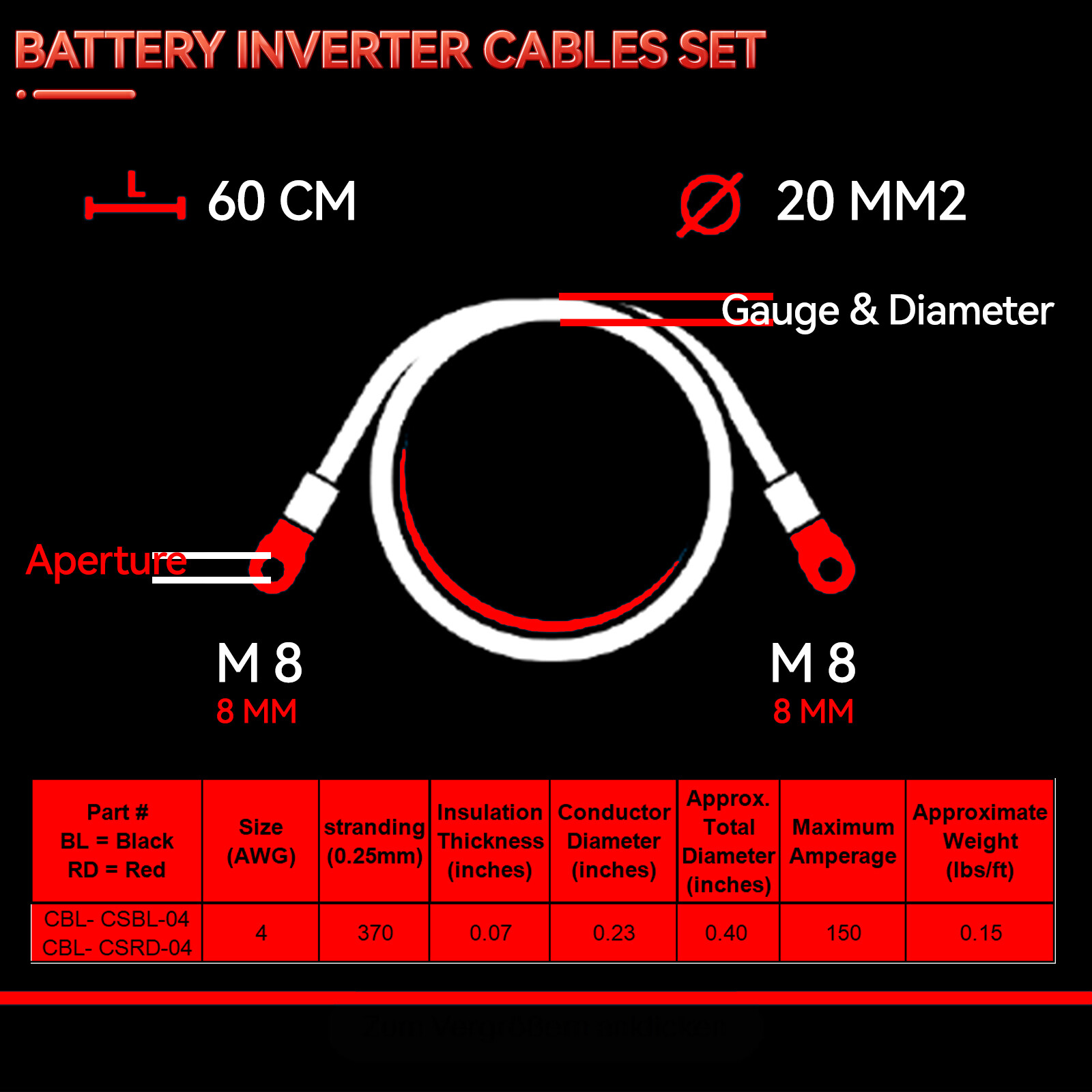 Battery Inverter Positive Negative Cables Set 4 AWG 4 Gauge Pure Copper For RV