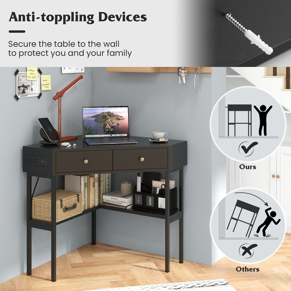 Costway Corner Computer Desk Writing Workstation Study Desk w/ 2 Drawers Black