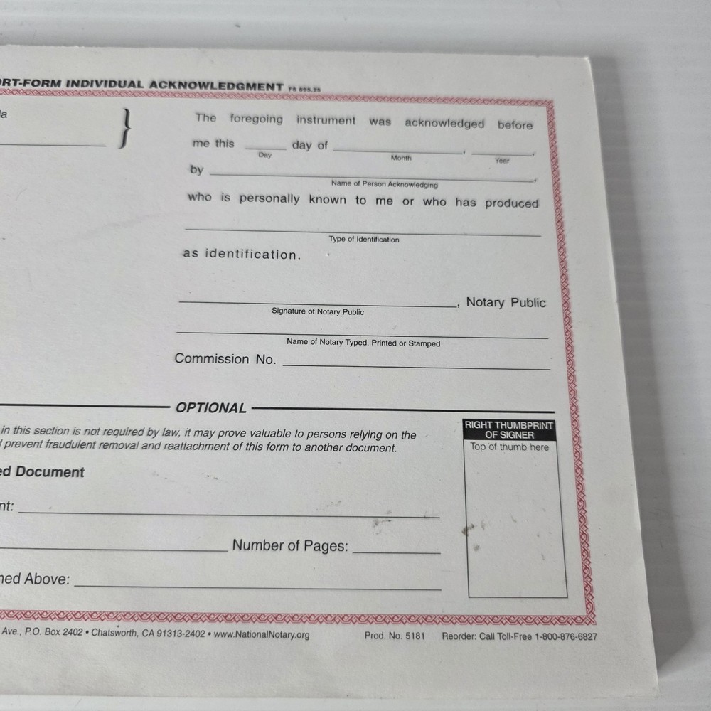 Florida Individual Acknowledgment About 100 Sheets Short Form Pad