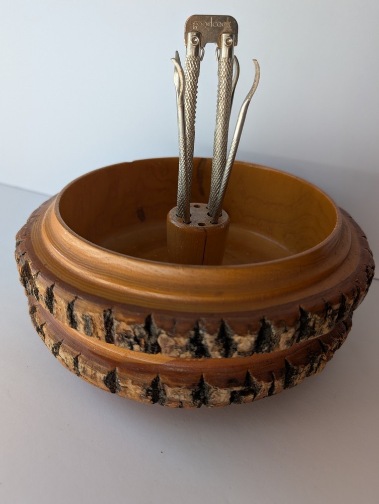 Vintage Rusticware Nut Bowl Set With Edge Tree Bark Nutcracker