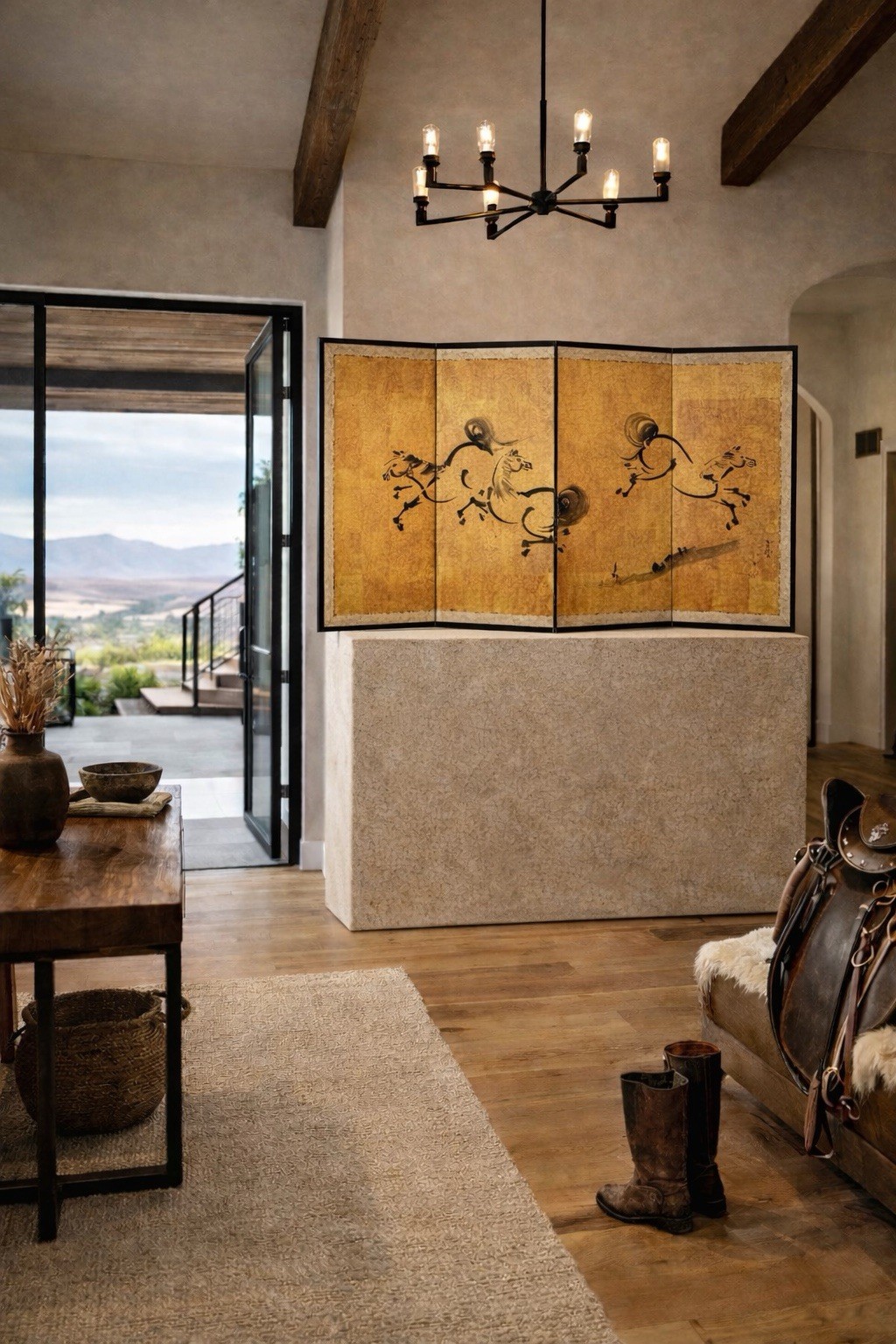 Byobu Horse Art Folding Screen Asian Ink Painted Spirited Horses 4 Panel