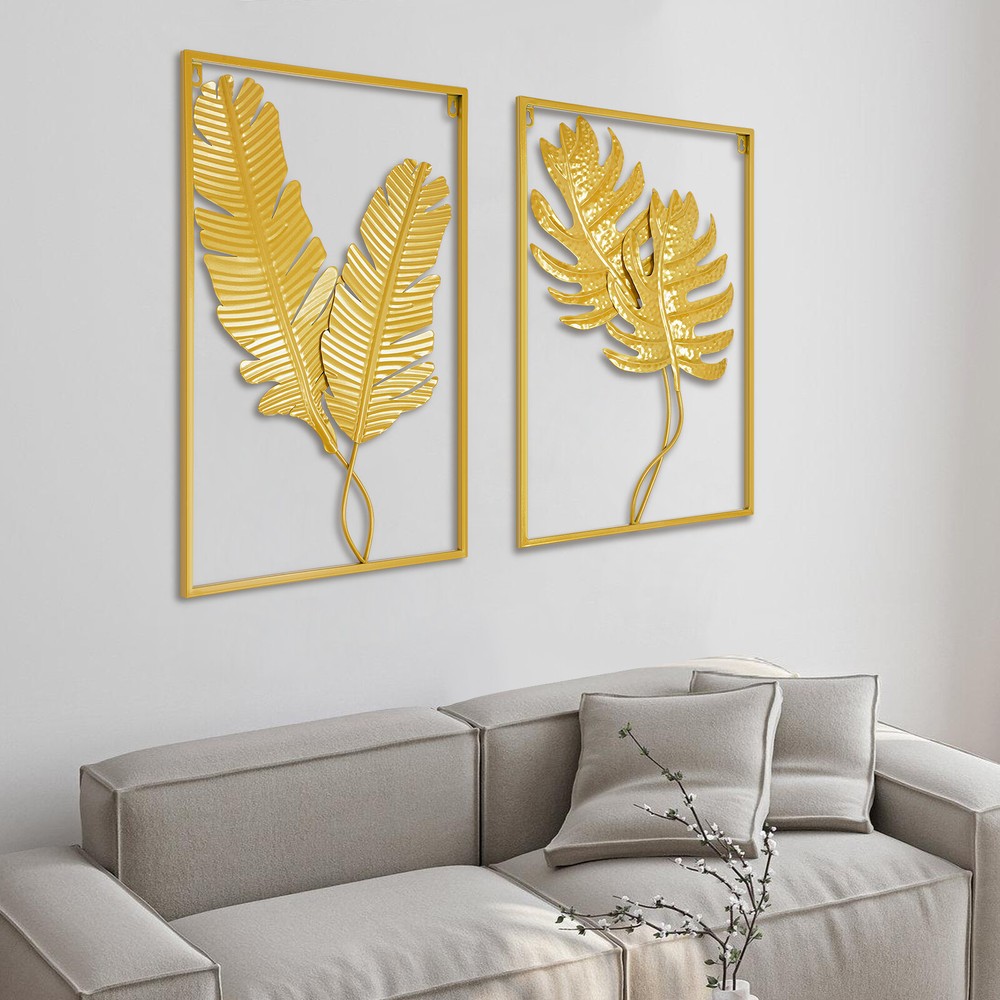 2PCS Wall Decorations, Gold Iron Leaf Wall Hanging Home Decor with Frame New