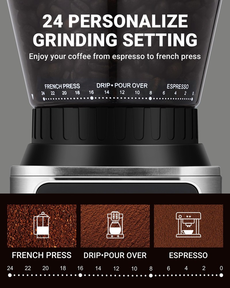 AMZCHEF Coffee Grinder for Home, Precise Grinding, 24 Settings, LED Control