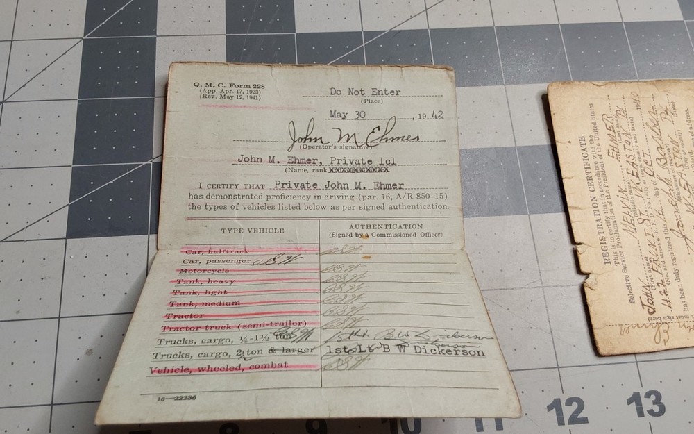 WWII US Army Motor Vehivle Operators Permit License