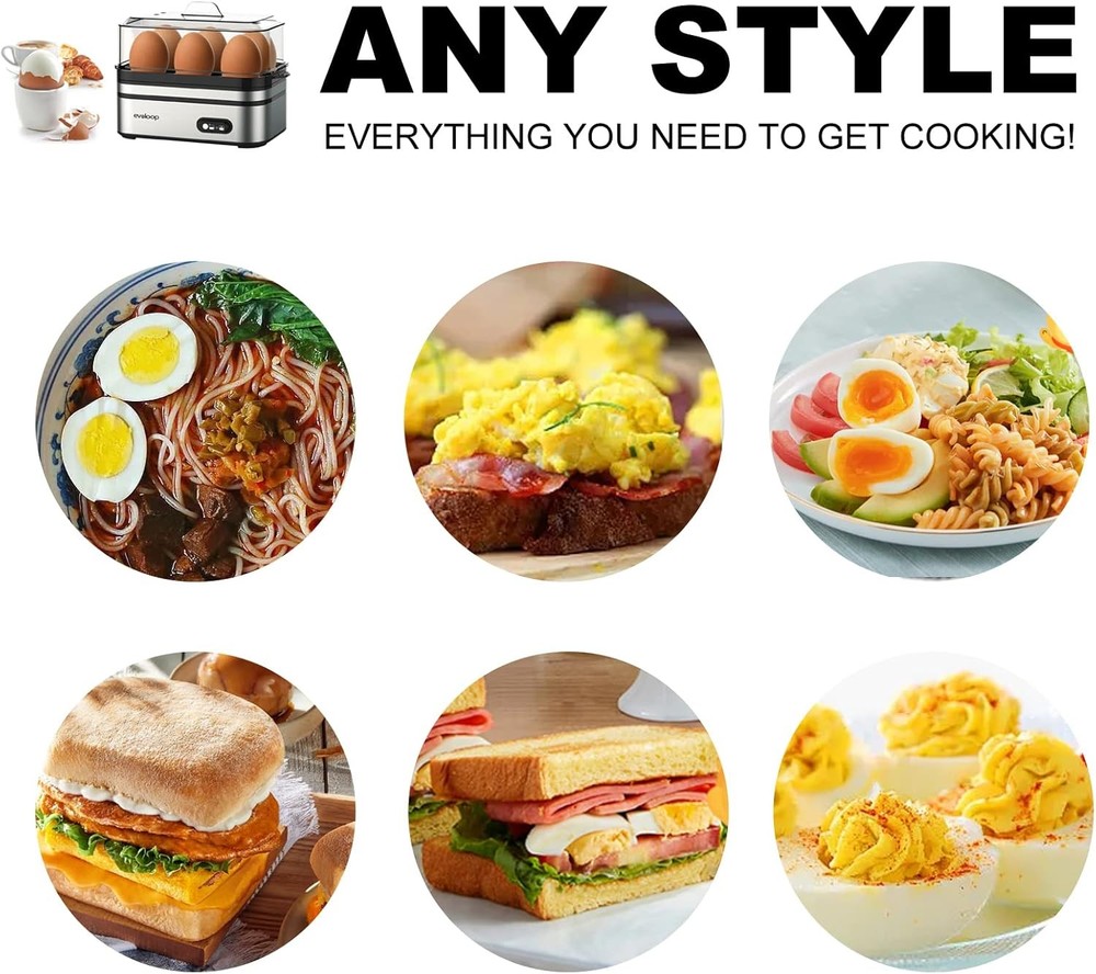 Evoloop Rapid Egg Cooker Electric 6 Eggs Capacity, Soft, Medium, Hard Sliver