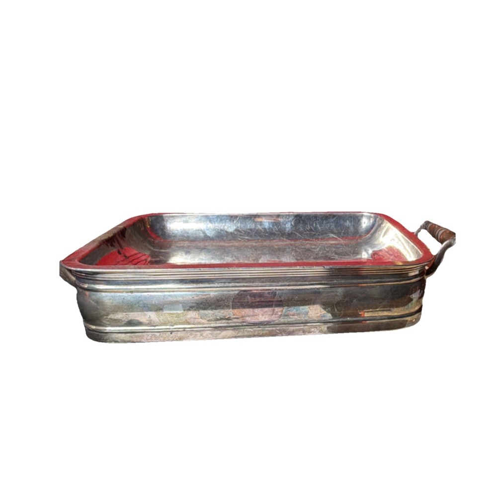 Silver  Rectangular Serving Tray and Wooden Handles