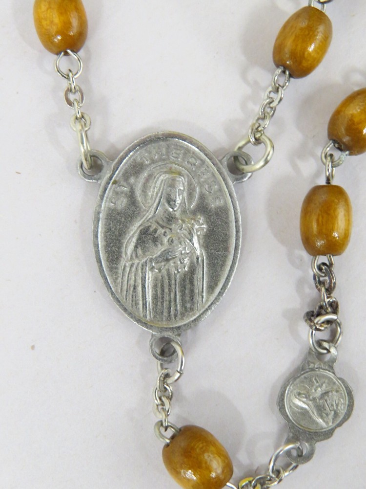 VTG Catholic St. Therese Ex Indumentis Wood Bead Five Decade Rosary