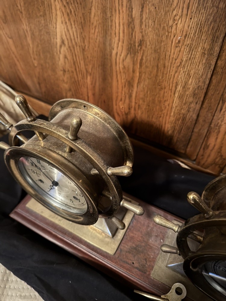 Salem Ship Bells Nautical Clock and Barometer on Stand - Solid Brass - WORKS