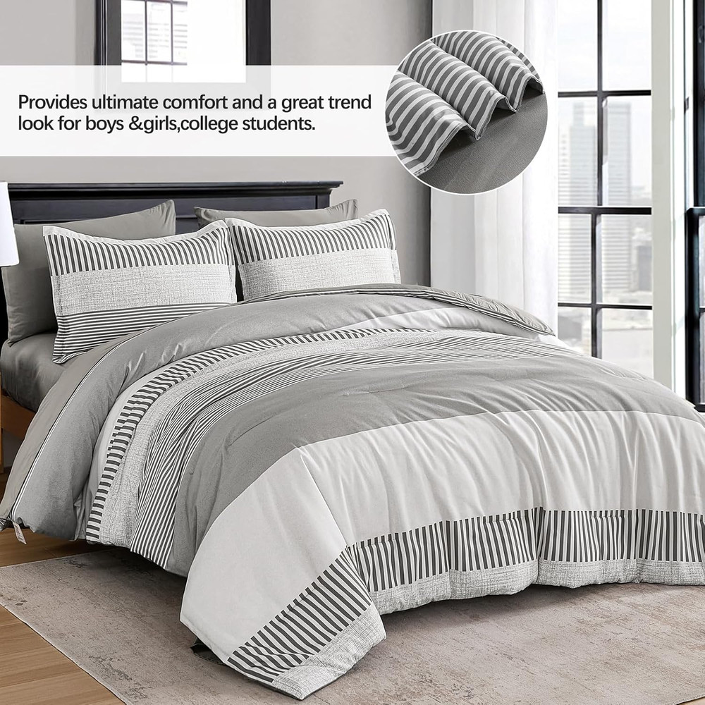 Gray Comforter Queen 7 Pieces,Classic Striped Design Comforter Set,Grey Bedding