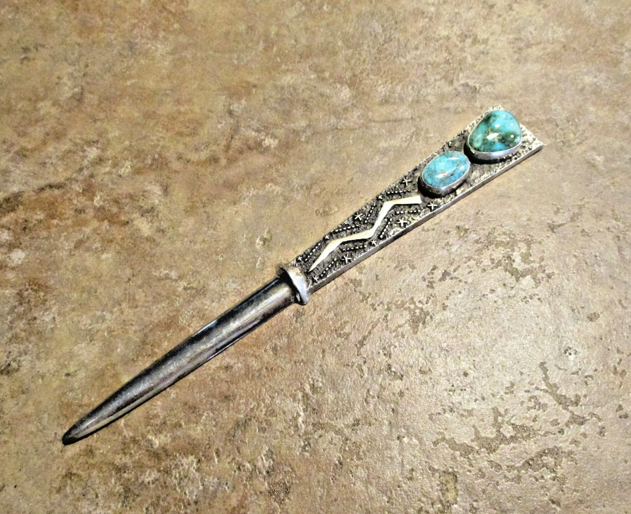 7" TOP SHELF !!! Vintage Navajo Sterling Turquoise Sandcast LETTER OPENER