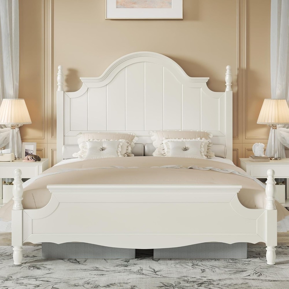 Solid Wood Queen Bed Frame with 56" Arched Headboard, Traditional Poste