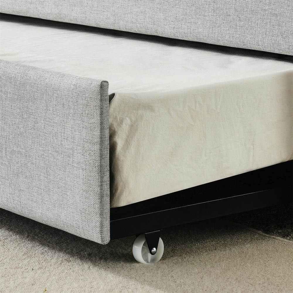 Full Size Daybed w/ Pull-Out Trundle Bed Linen Upholstered Bed Frame Sofa Bed US