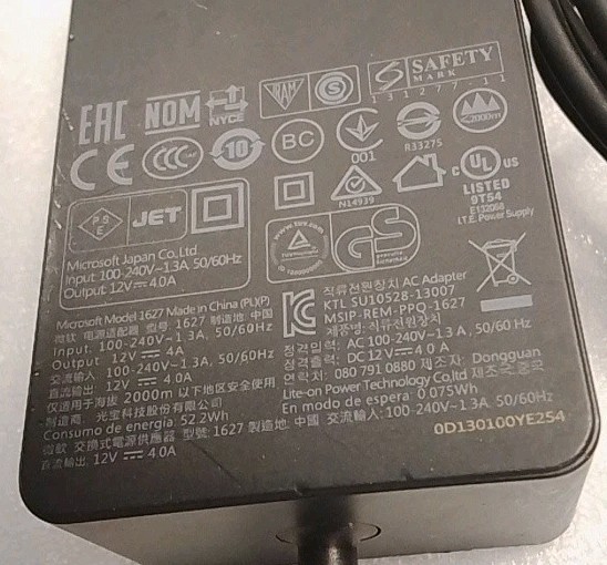 Genuine Microsoft AC Power Adapter for Surface Pro 3, 100-240V / Model 1627