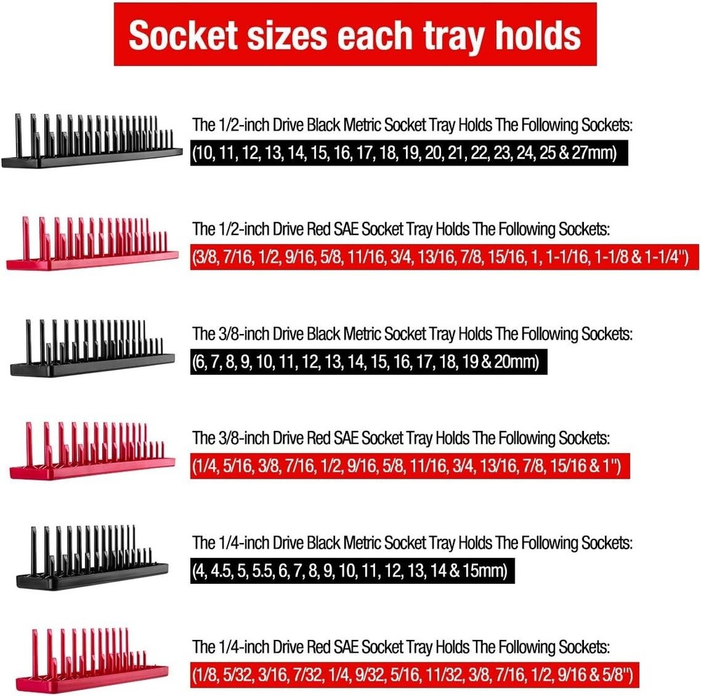 6PCS Socket Organizer Tray Set, Red SAE & Black Metric Socket Storage Trays, ...