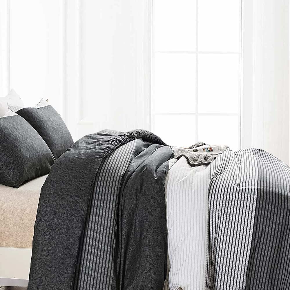 Faincy Full Comforter Set, Grey & Black Patchwork Stripe Pattern Print Reversibl