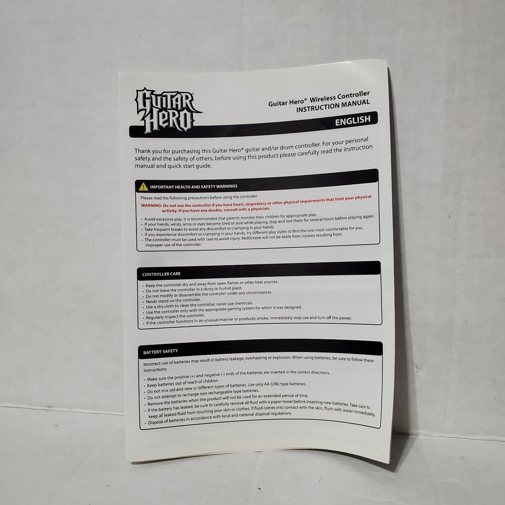 Guitar Hero Wireless Controller Instruction Manual ONLY - No Guitar, No Game