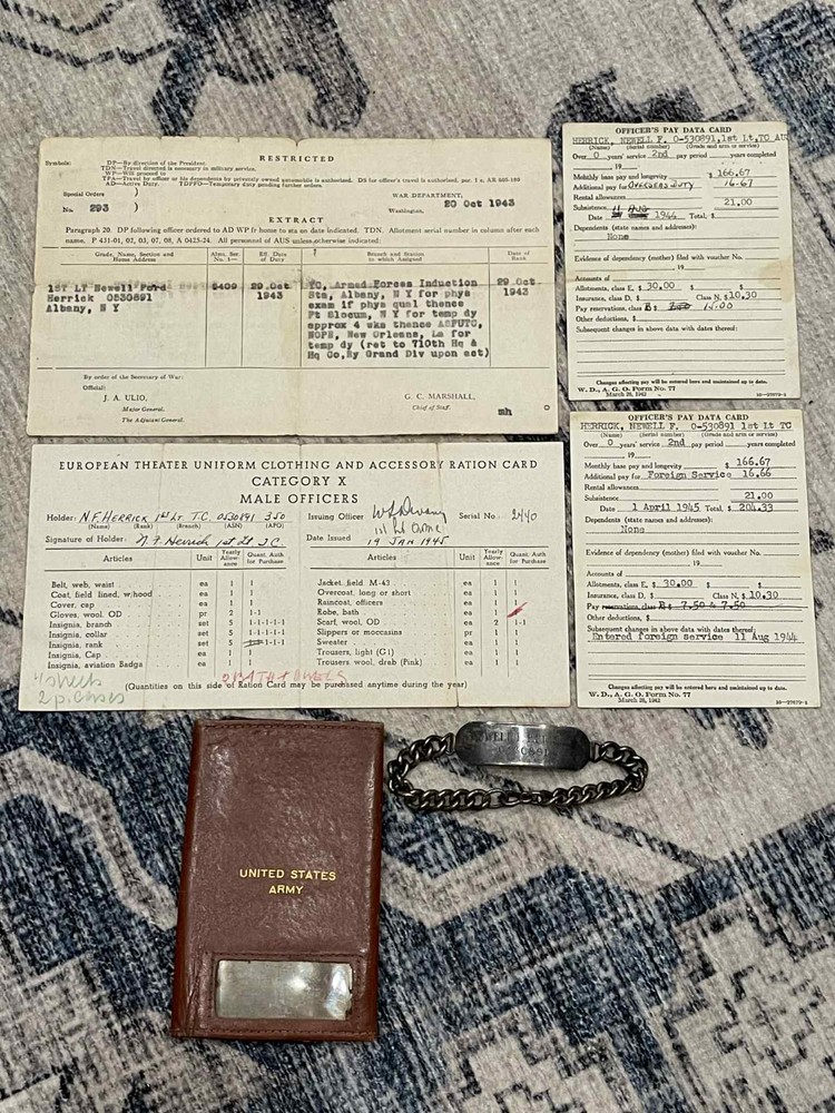 WW2 WWII US Army Grouping Documents & Sterling Silver ID Bracelet Newell Herrick