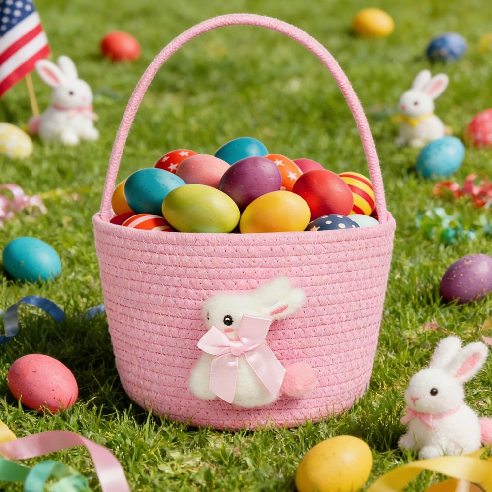 Pink Easter Basket, Bunny Easter Baskets for Kids, Baskets with Handle for Gi...
