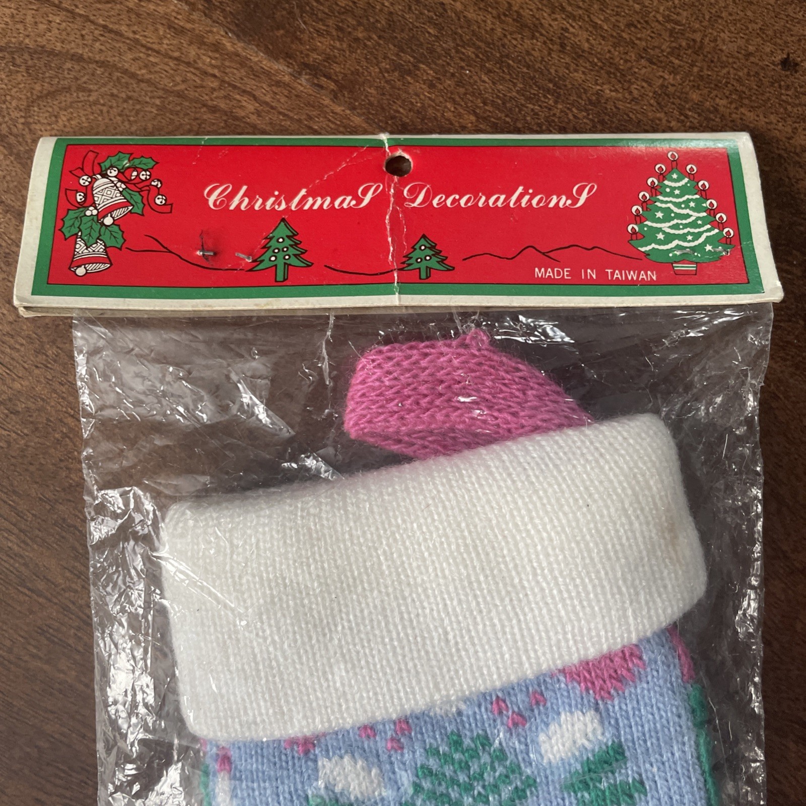 Vintage Christmas Knitted Mini Stocking Ornament Pink Blue 1980s Taiwan Snowman