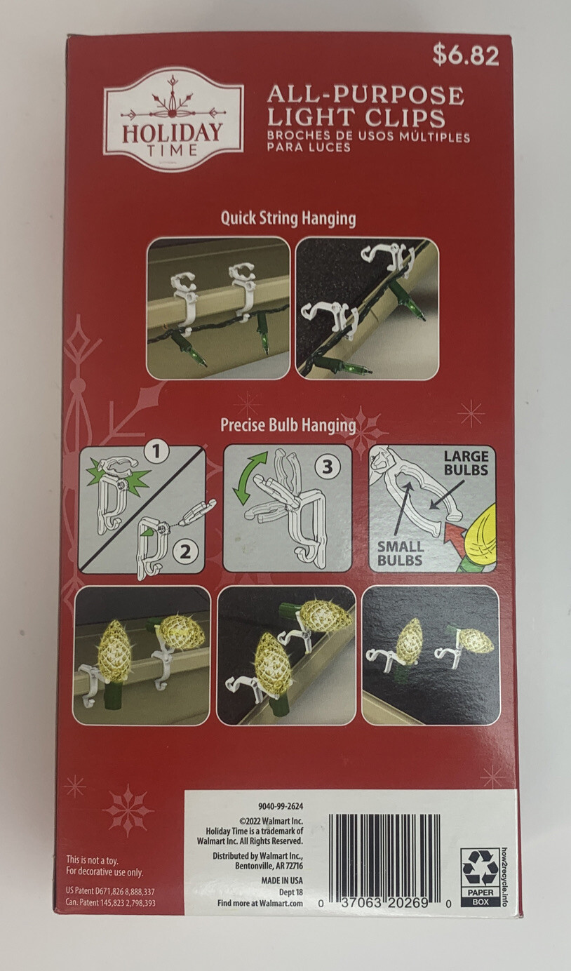 Holiday Time Light Clips All-Purpose Christmas Light Hooks 100 Clips Per Box New