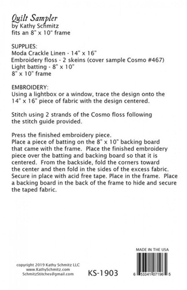 Quilt Sampler Embroidery Pattern from Kathy Schmitz Studio