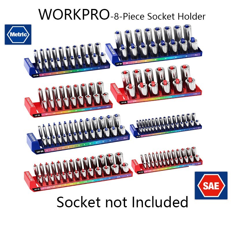 WORKPRO 4PC/8PC SAE/Metric Socket Organizer Set Socket Holder Tray 1/4" 3/8" 1/2