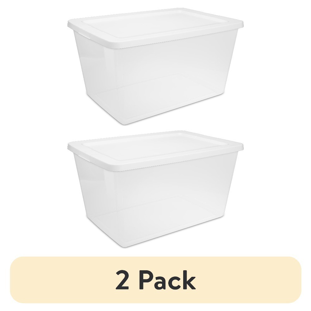 58 Quart Clear Plastic Storage Bin with Snap-On White Lid 2-Pack