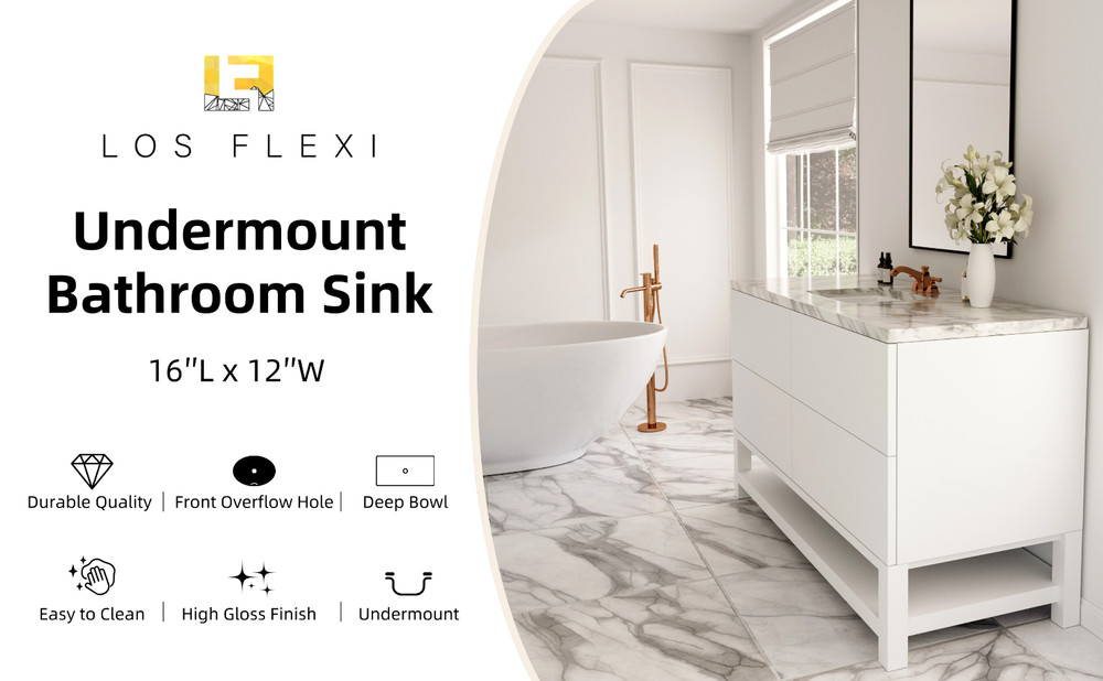16" x12" Undermount Bathroom Sink Rectangular, White Ceramic With Overflow