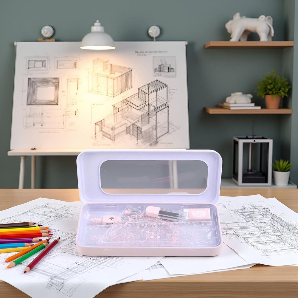 7Pcs Pink Compass Protractor Set with Portable Box Geometry Drafting Tools Se...