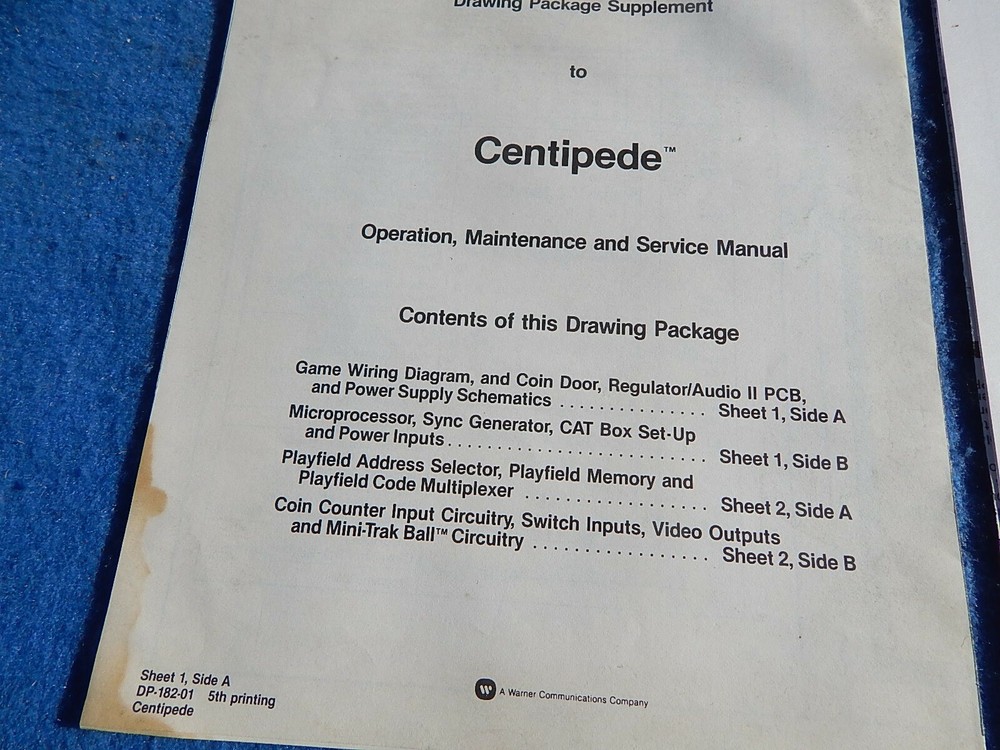 1981 Atari CENTIPEDE video game schematic package supplement to operators manual