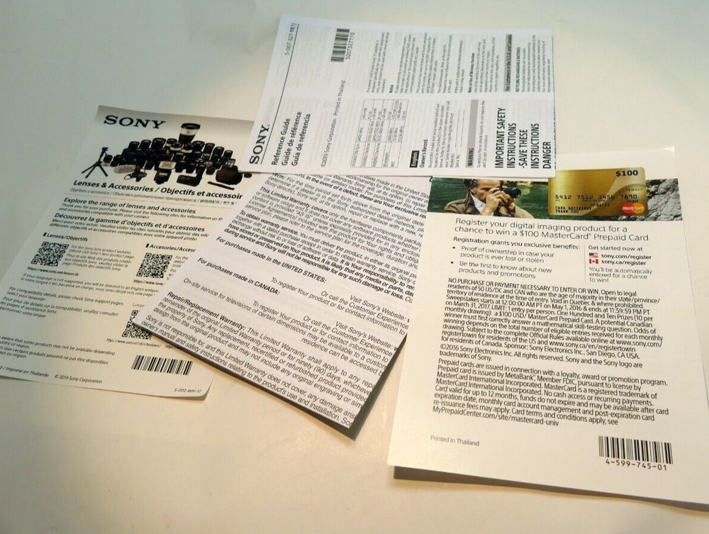 Sony A7R 2019 Accessory Reference guide brochure miscellaneous paperwork