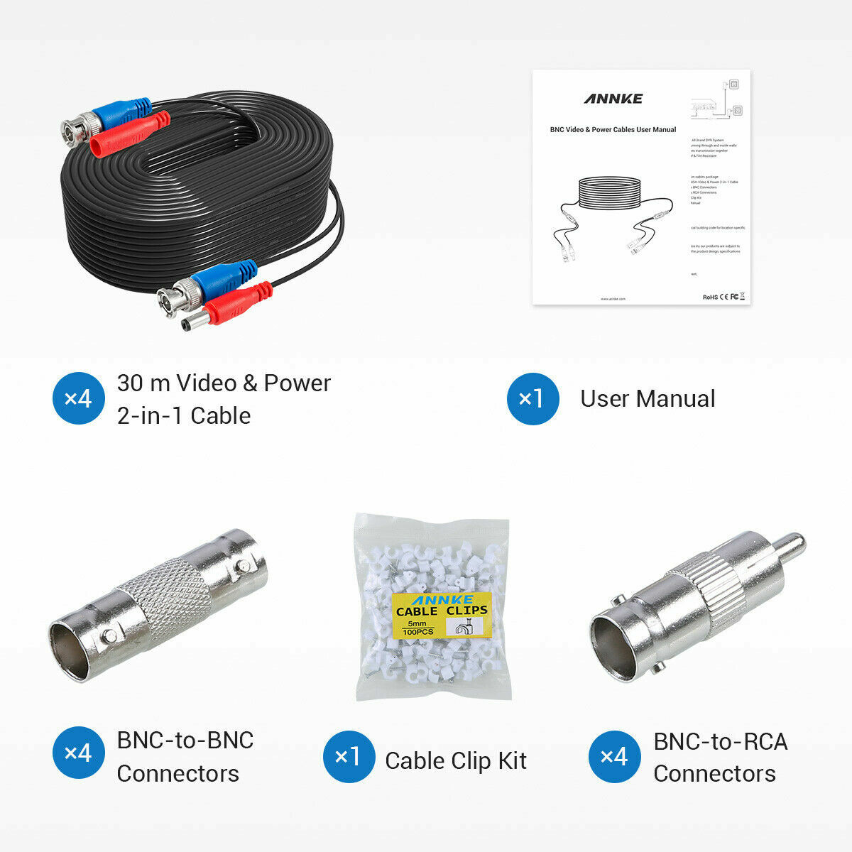 4pcs 100ft Video Power Cable BNC RCA Cord Wire for CCTV Security Camera System