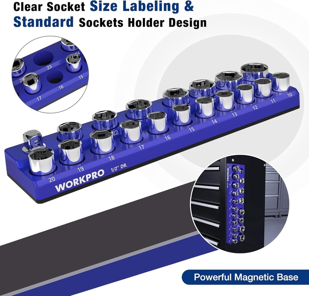 Magnetic Socket Organizer, 1/2-Inch Metric Socket Holder, Socket Trays Holds ...