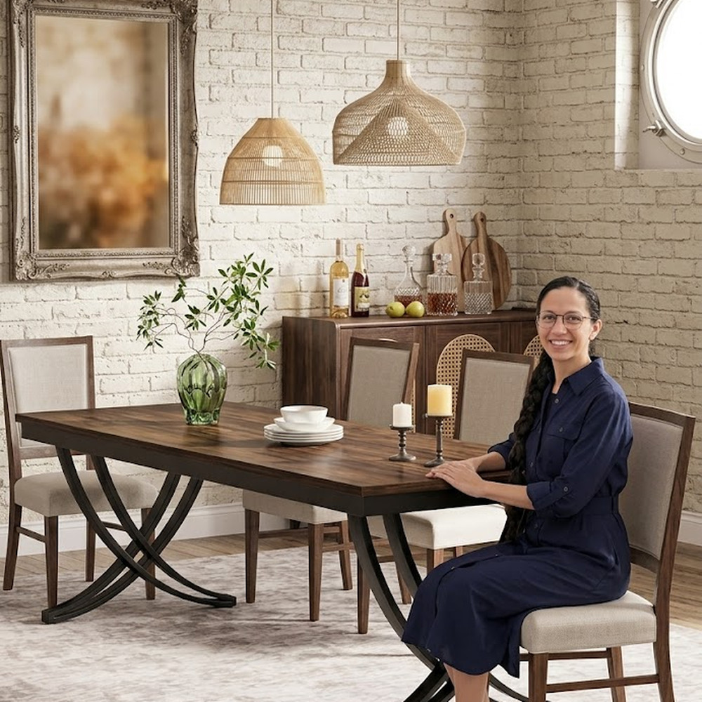 78" Rustic Brown Dining Table Large Rectangular Wood Metal Kitchen Table Seats 8