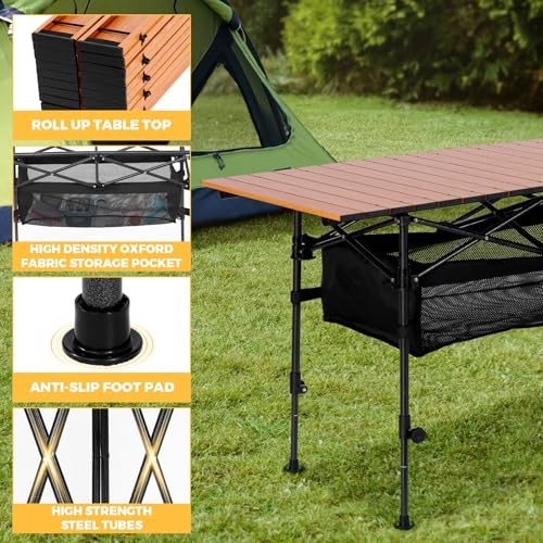 Portable Folding Camping Table, 4-6 Wood Grain-adjustable Table Legs-foldable
