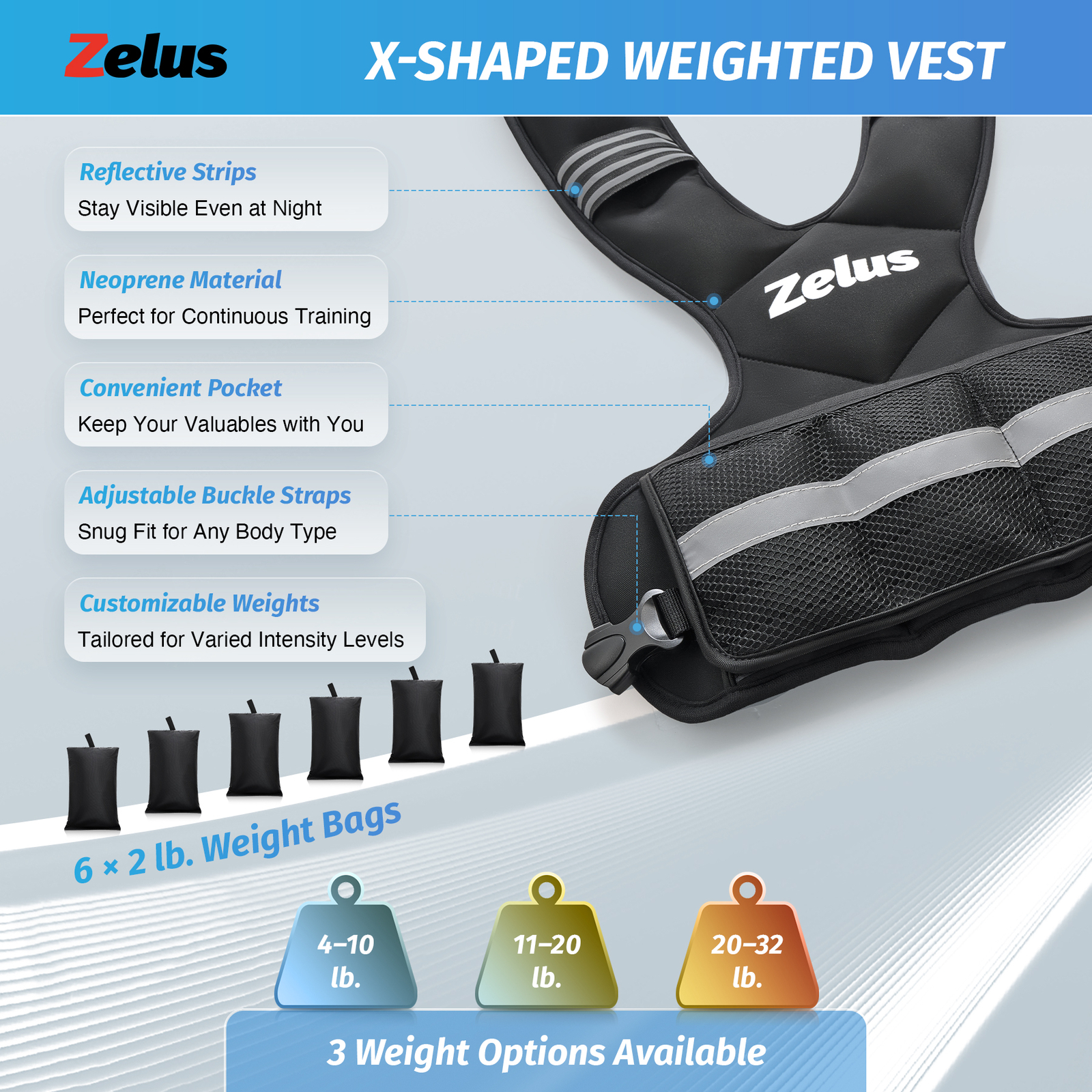 ZELUS Adjustable Weighted Vest 4-10lb/11-20lb/20-32lb Vest with 6 Weights NEW🔥